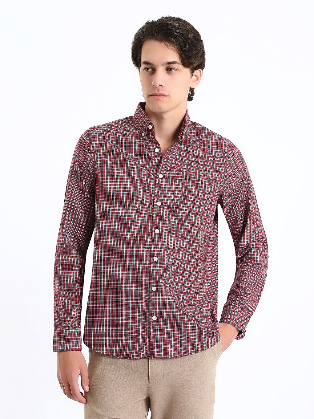 Regular Fit Long Sleeve Plaid Gabardine Men's Shirt