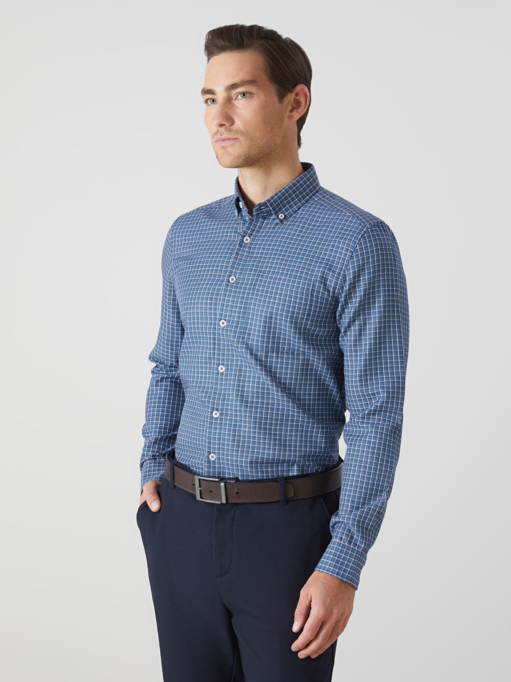 Regular Fit Long Sleeve Plaid Gabardine Men's Shirt