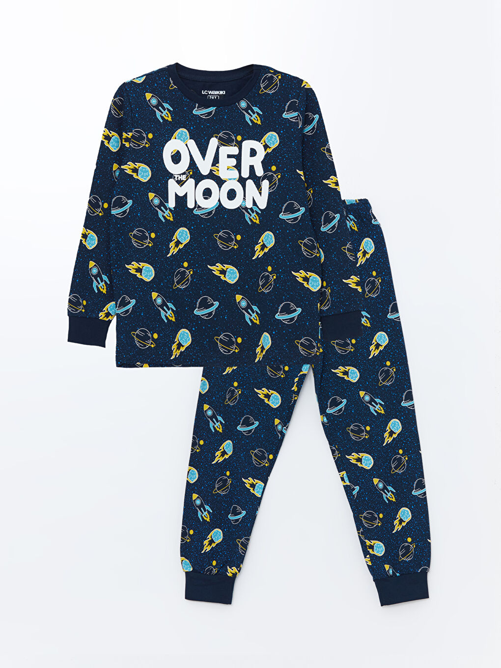 LCW Kids Lacivert Baskılı Bisiklet Yaka Baskılı Uzun Kollu Erkek Çocuk Pijama Takımı