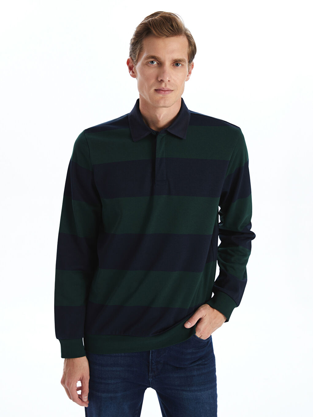 LCWAIKIKI Basic Koyu Yeşil Polo Yaka Uzun Kollu Çizgili Erkek Sweatshirt