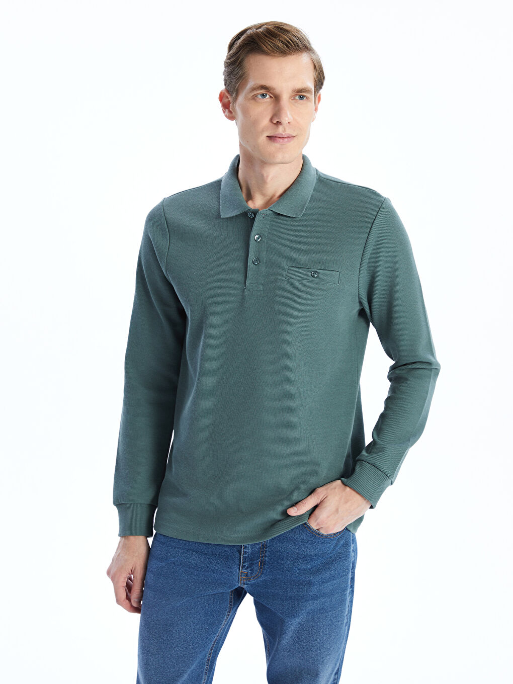 LCWAIKIKI Classic Yeşil Polo Yaka Uzun Kollu Erkek Sweatshirt