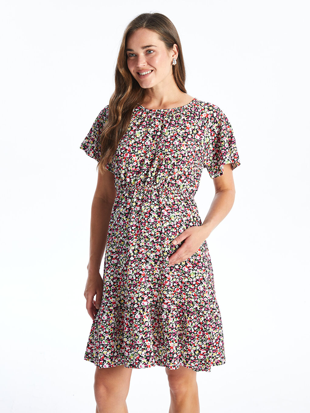 LCWAIKIKI Maternity Rundhalsausschnitt Blumiges Kurzarm Mutterschaftskleid -W43758Z8-LTQ