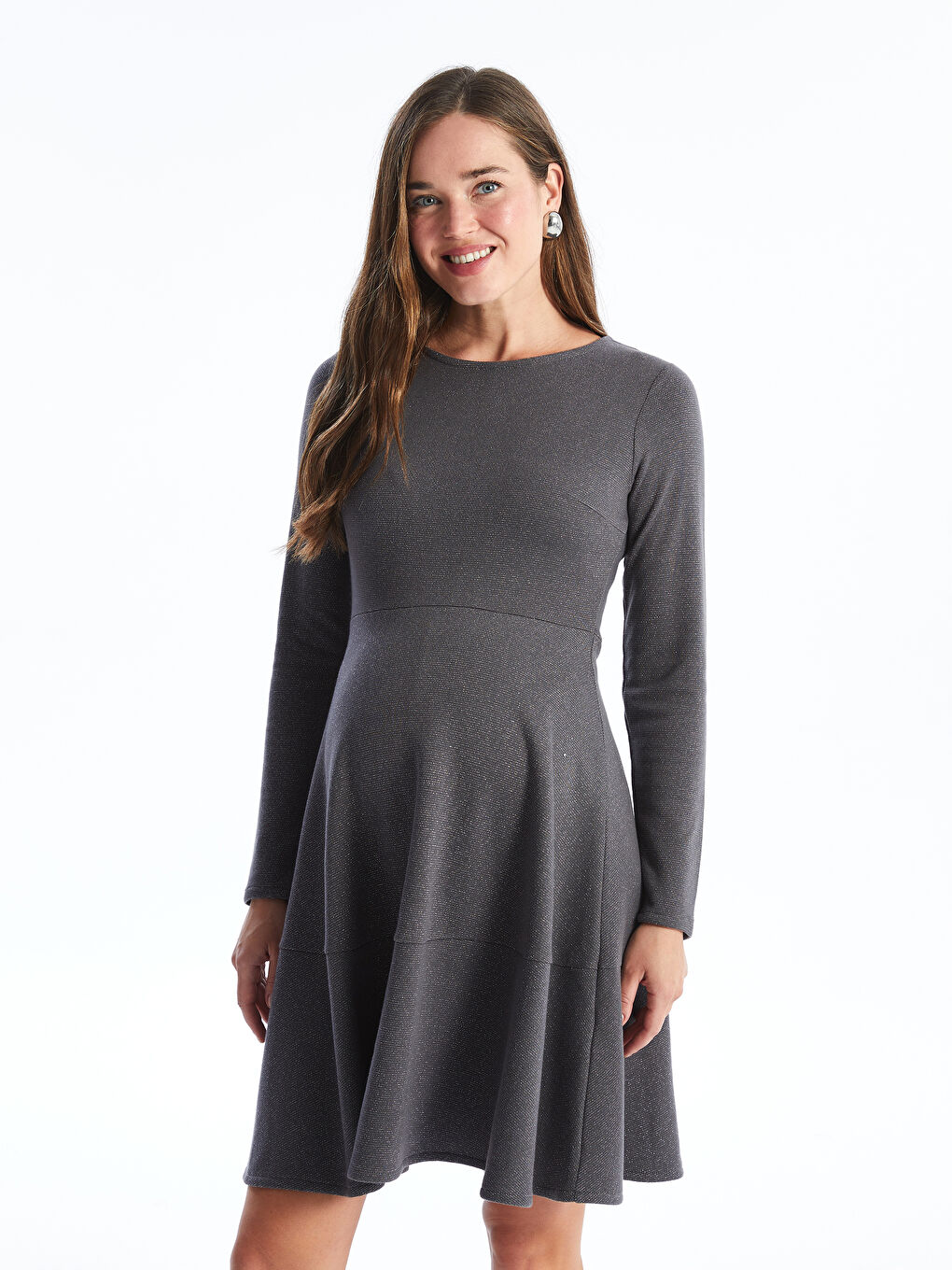 LCWAIKIKI Maternity Crew Neck Shiny Look Long Sleeve Maternity Dress -W43785Z8-VZ8