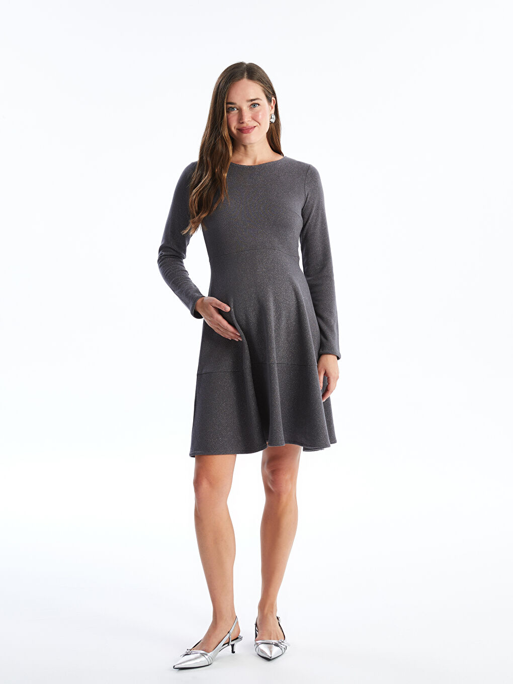 LCWAIKIKI Maternity Crew Neck Shiny Look Long Sleeve Maternity Dress -W43785Z8-VZ8