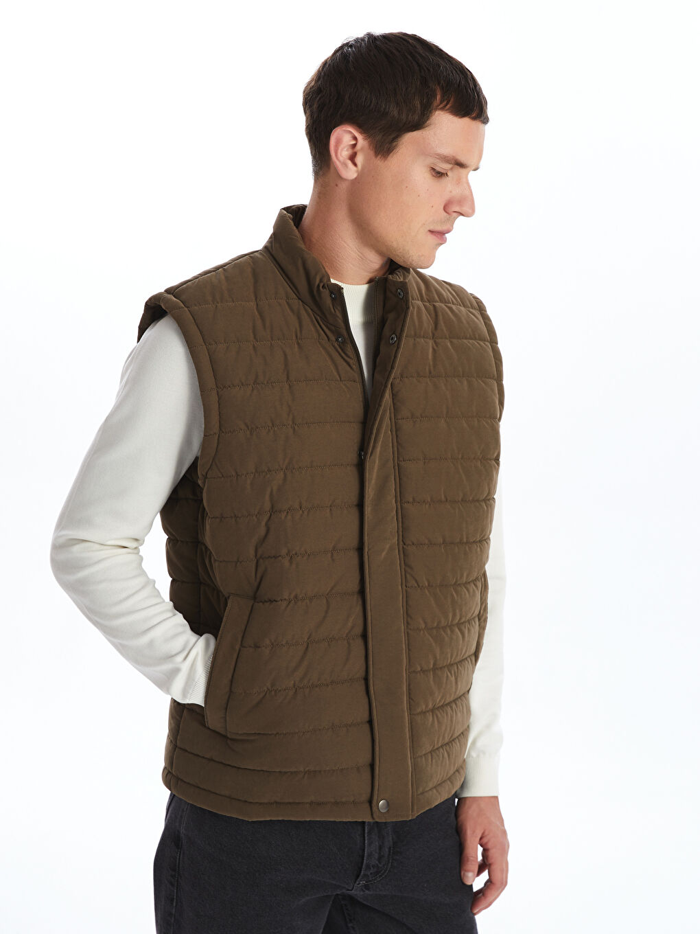 Kahverengi Standart Kalıp Dik Yaka Erkek Şişme Yelek