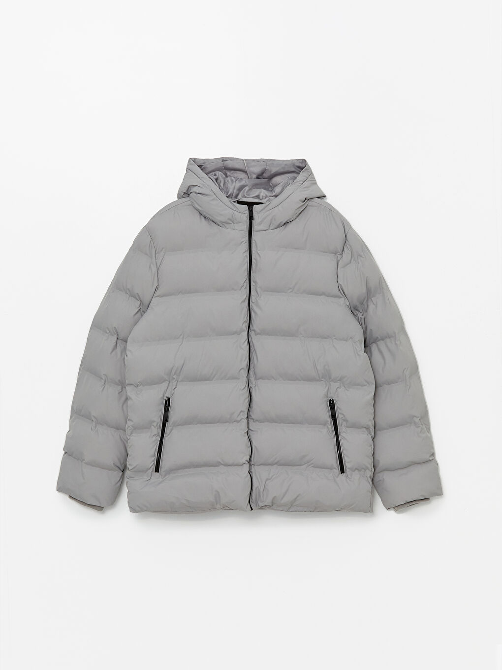 Gri Standart Kalıp Kapüşonlu Erkek Şişme Mont-5