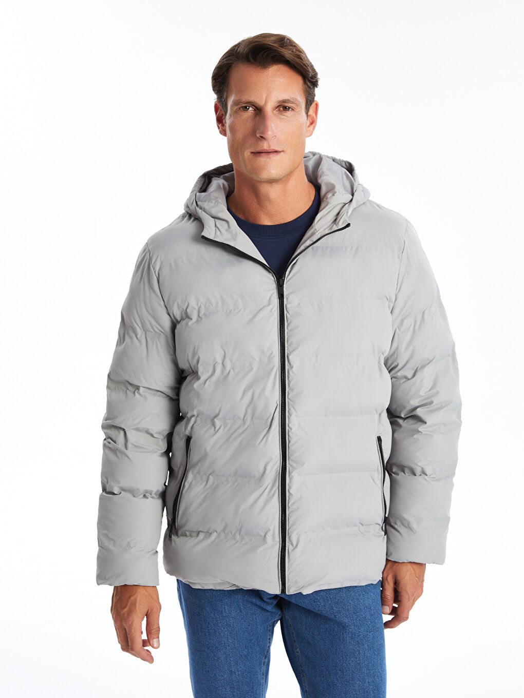 Gri Standart Kalıp Kapüşonlu Erkek Şişme Mont