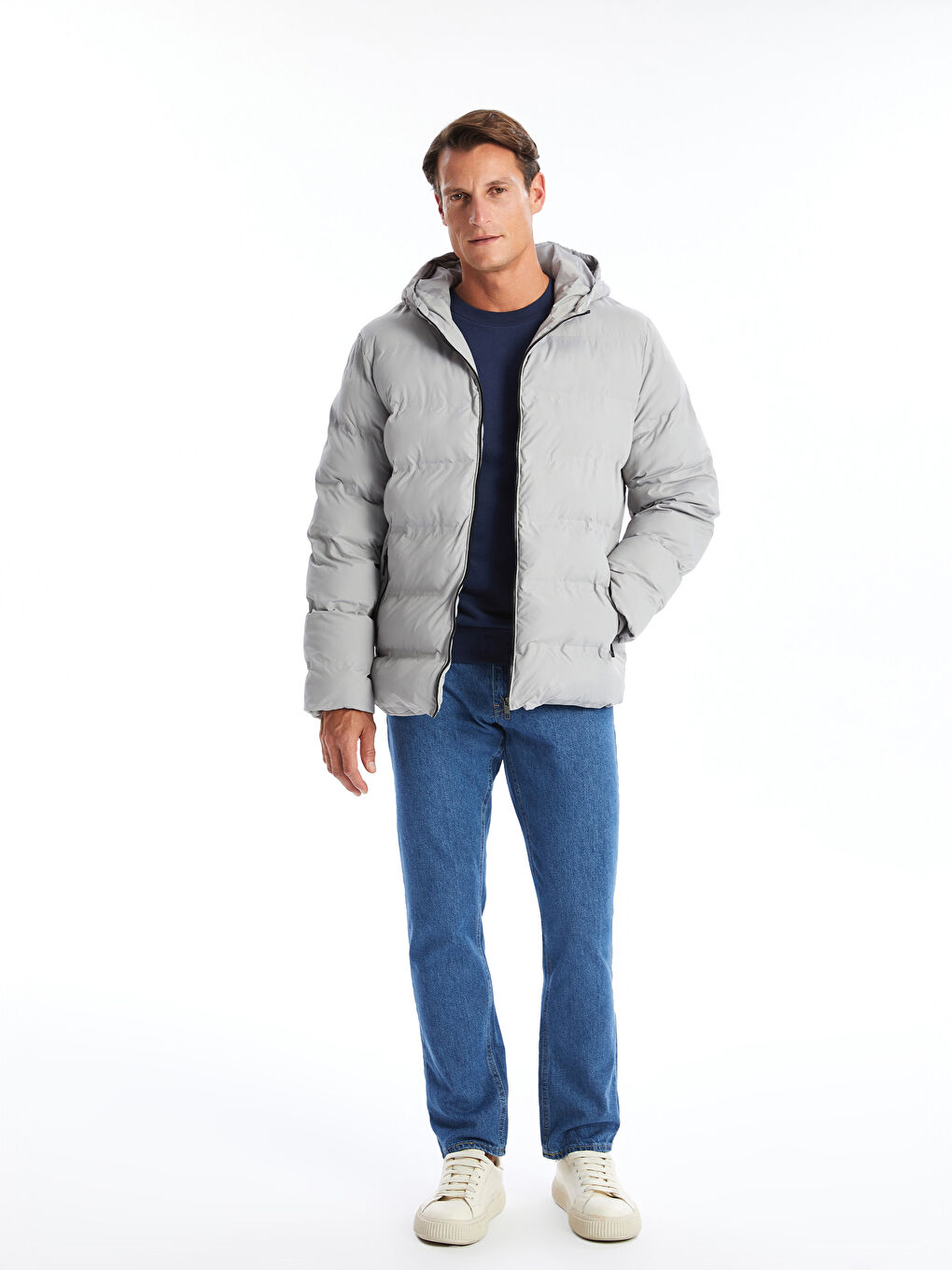 Gri Standart Kalıp Kapüşonlu Erkek Şişme Mont-1