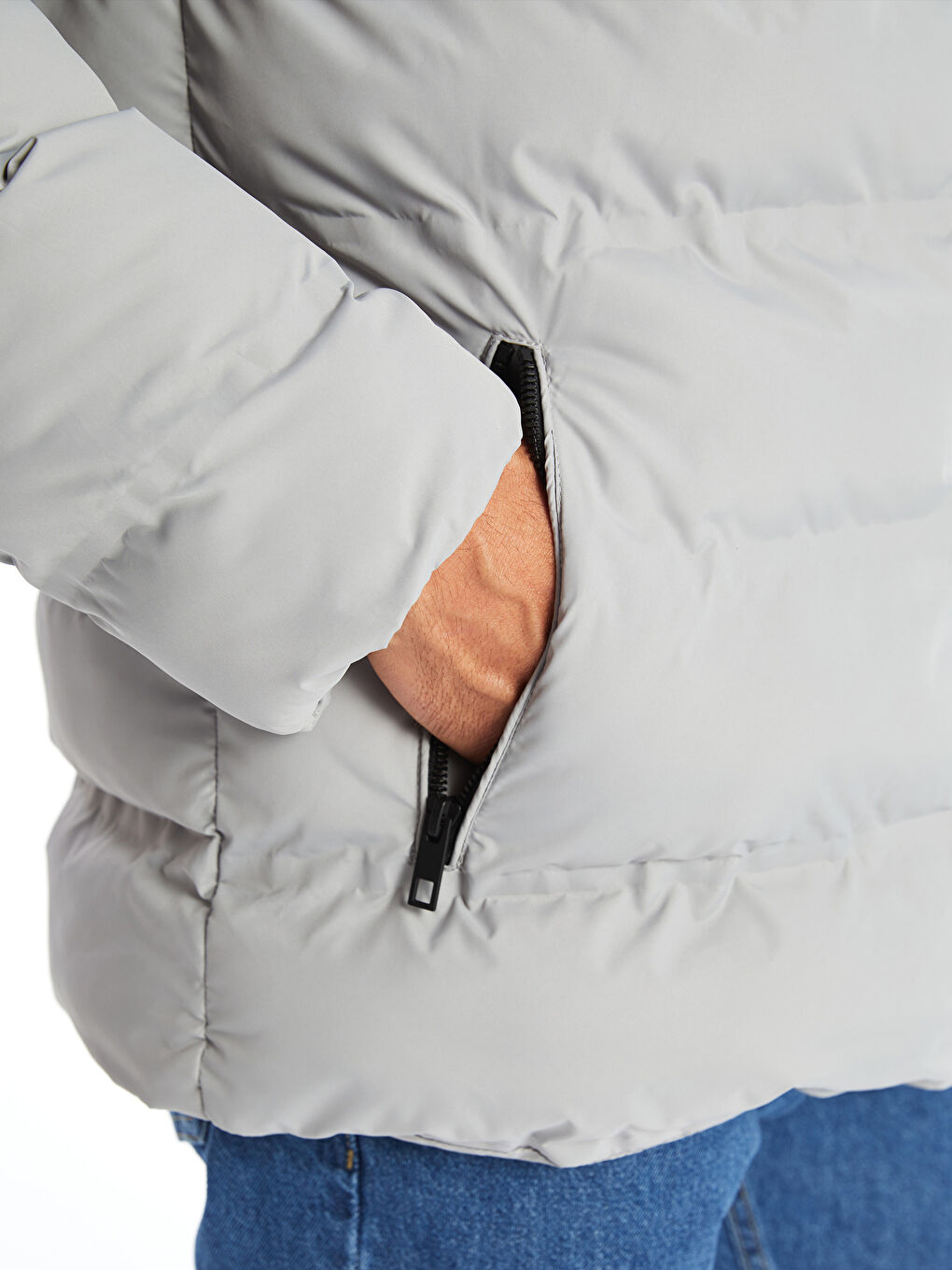 Gri Standart Kalıp Kapüşonlu Erkek Şişme Mont-2