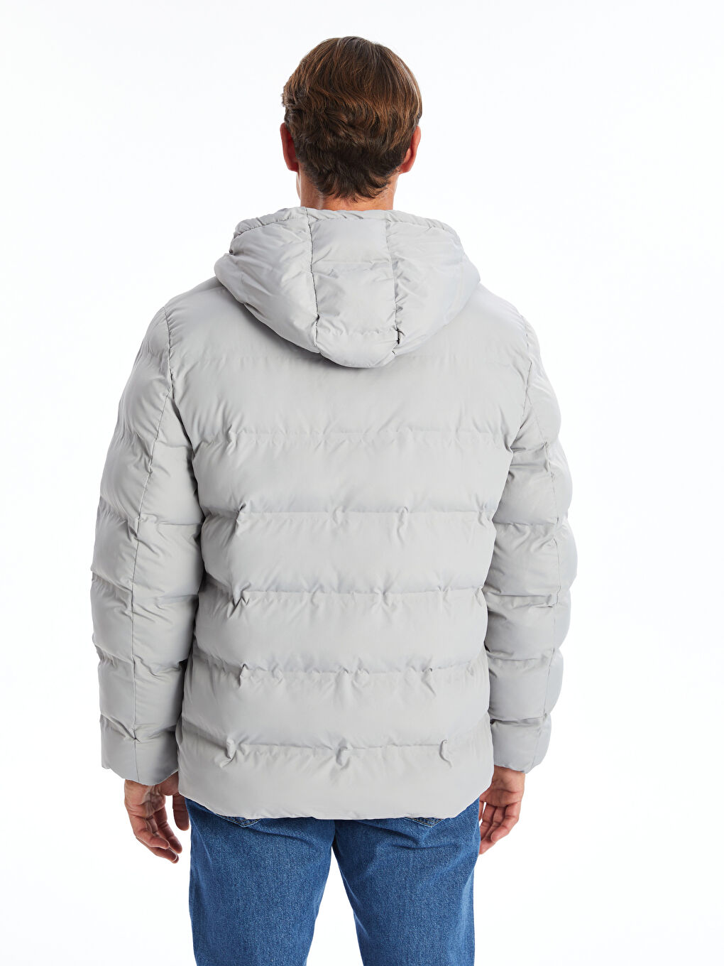 Gri Standart Kalıp Kapüşonlu Erkek Şişme Mont-4