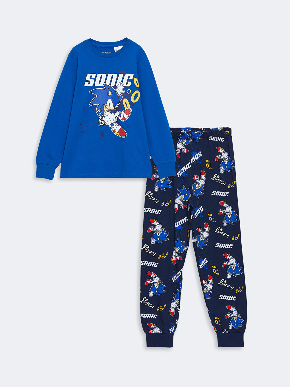 LCW Kids Koyu Mavi Bisiklet Yaka Sonic Baskılı Uzun Kollu Erkek Çocuk Pijama Takımı