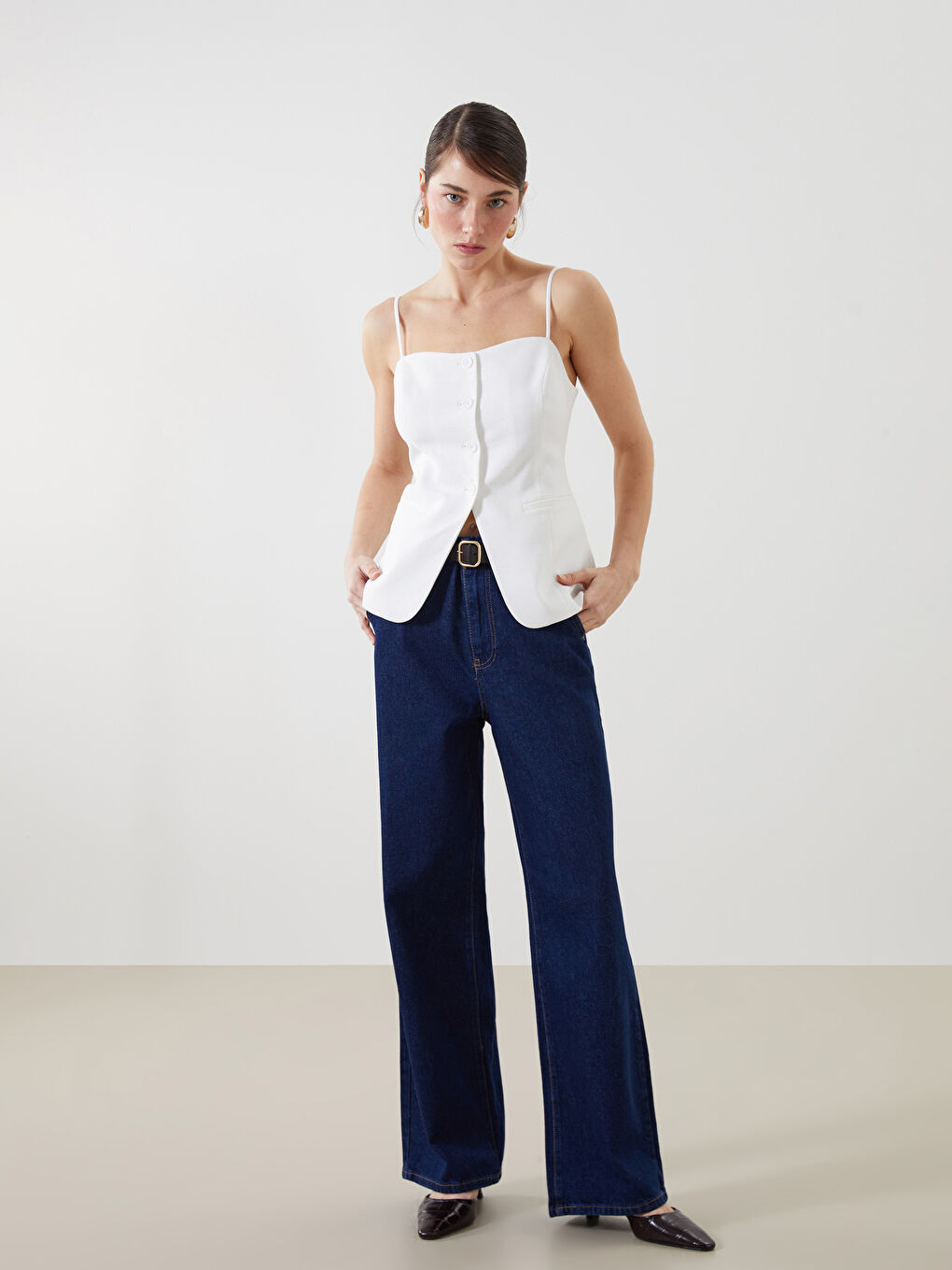 İndigo Beli Kemerli Wideleg Kadın Jean Pantolon