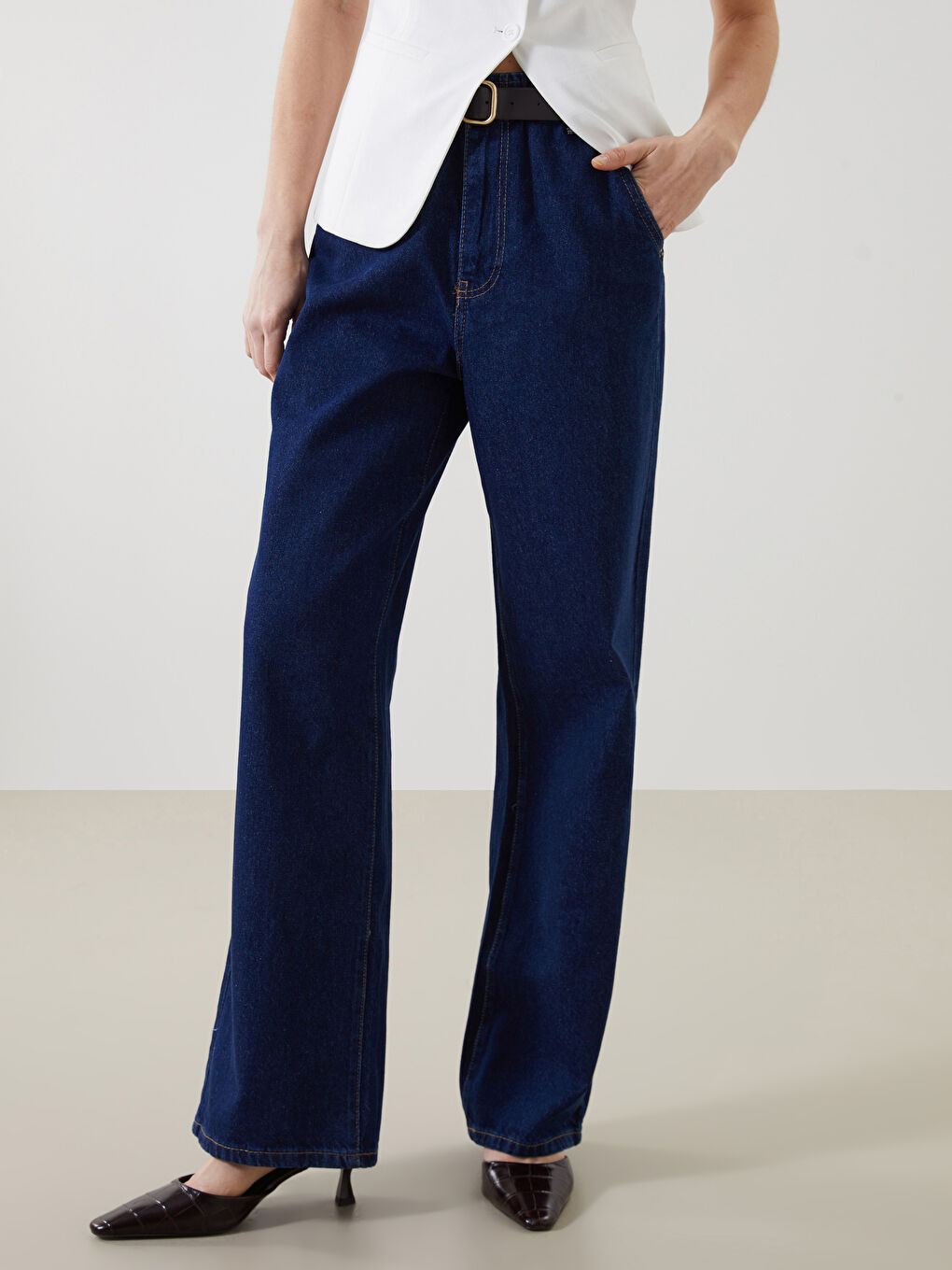 İndigo Beli Kemerli Wideleg Kadın Jean Pantolon-1