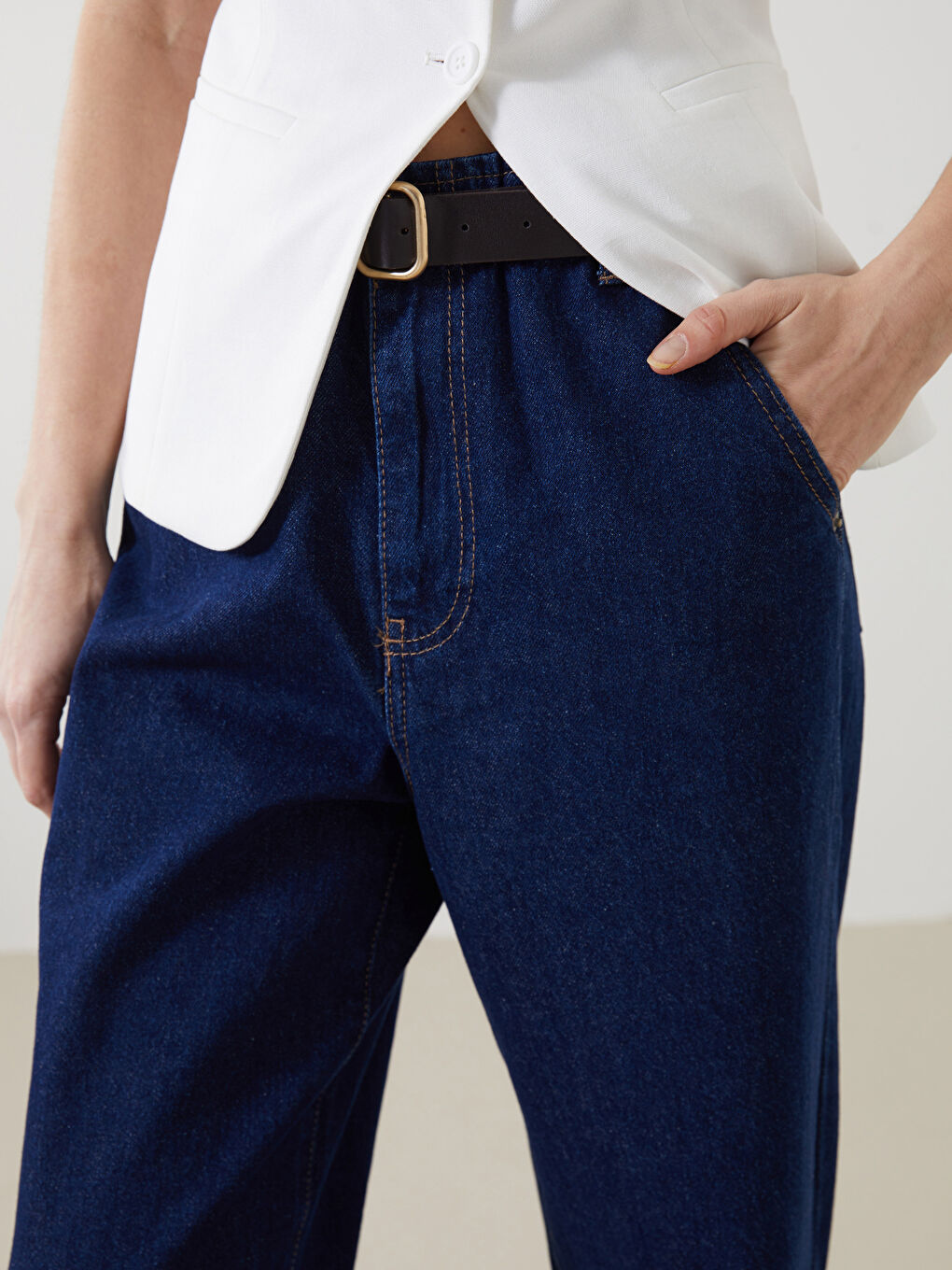 İndigo Beli Kemerli Wideleg Kadın Jean Pantolon-2