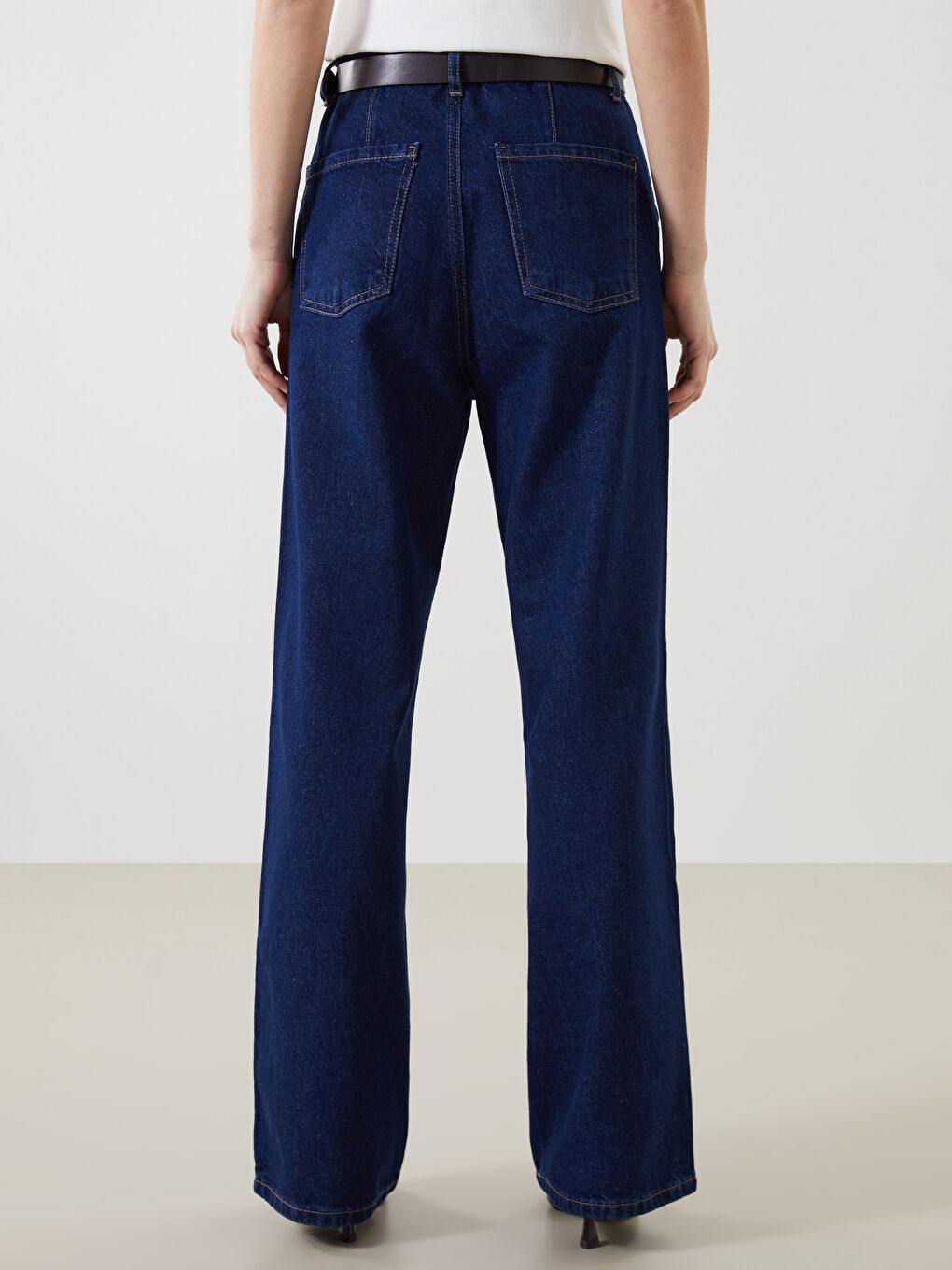 İndigo Beli Kemerli Wideleg Kadın Jean Pantolon-3