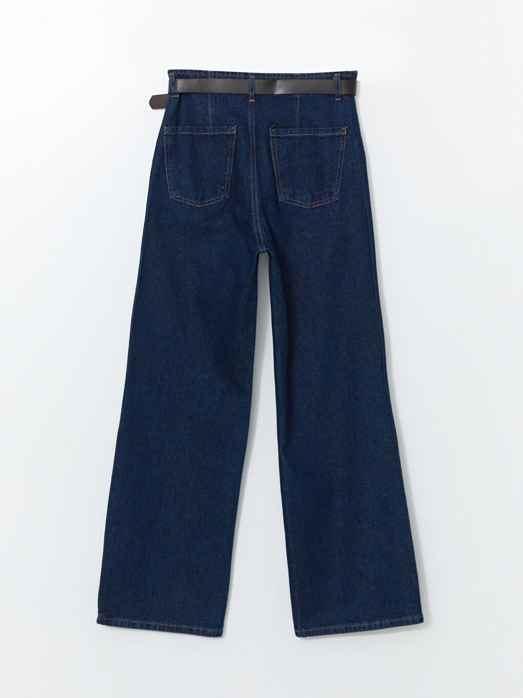 İndigo Beli Kemerli Wideleg Kadın Jean Pantolon-5