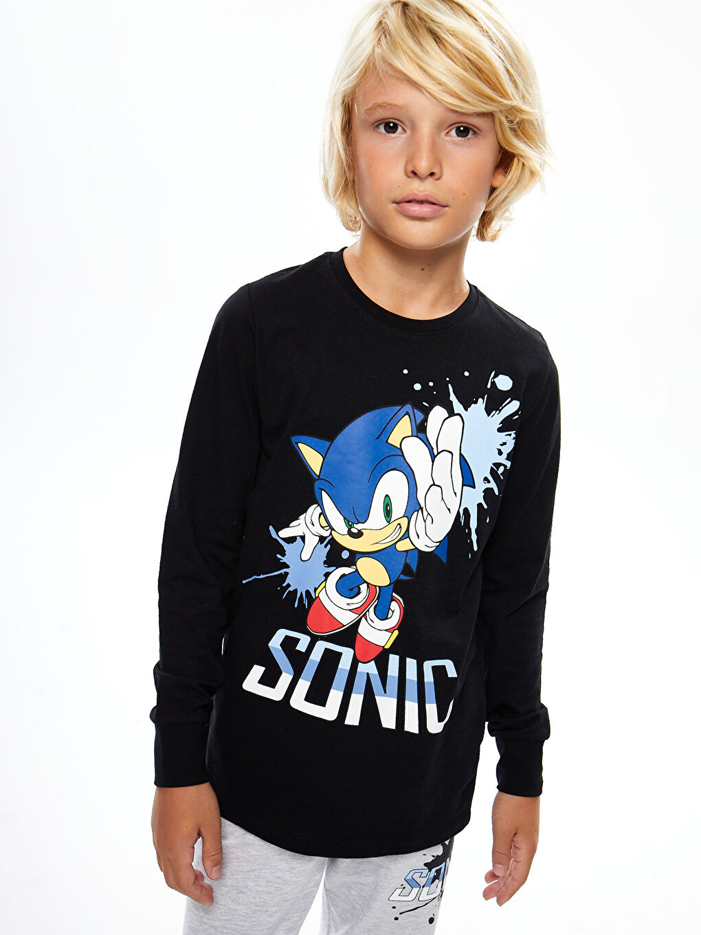 LCW Kids Yeni Siyah Bisiklet Yaka Sonic Baskılı Uzun Kollu Erkek Çocuk Pijama Takımı - 1