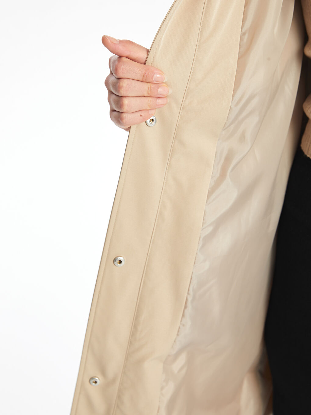 Bej Kadın Kapüşonlu Düz Trençkot-3