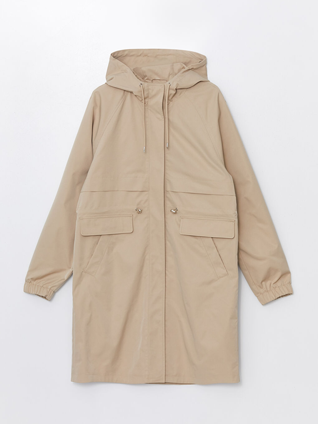 Bej Kadın Kapüşonlu Düz Trençkot-5