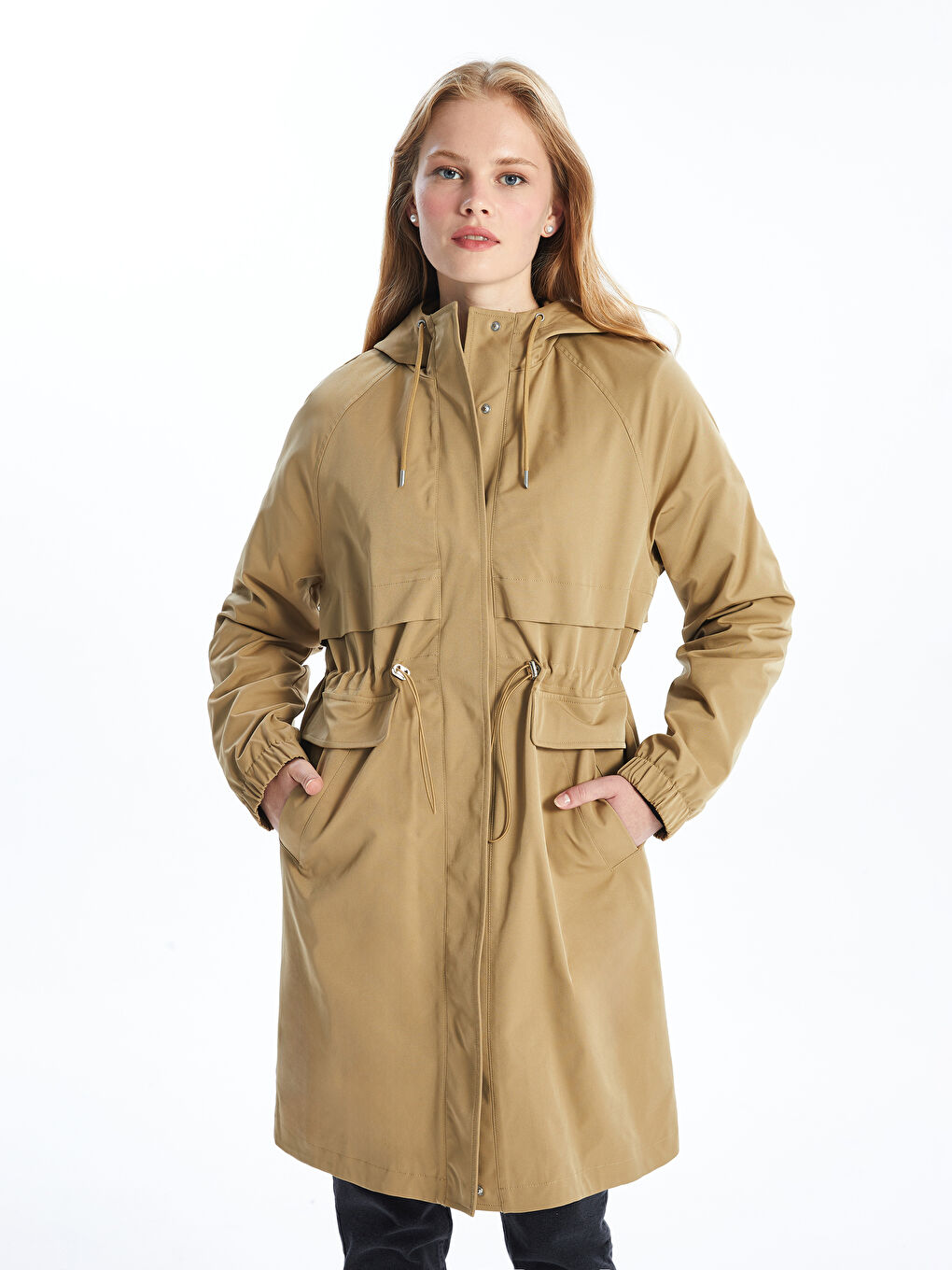 Haki Kapüşonlu Kadın Trençkot