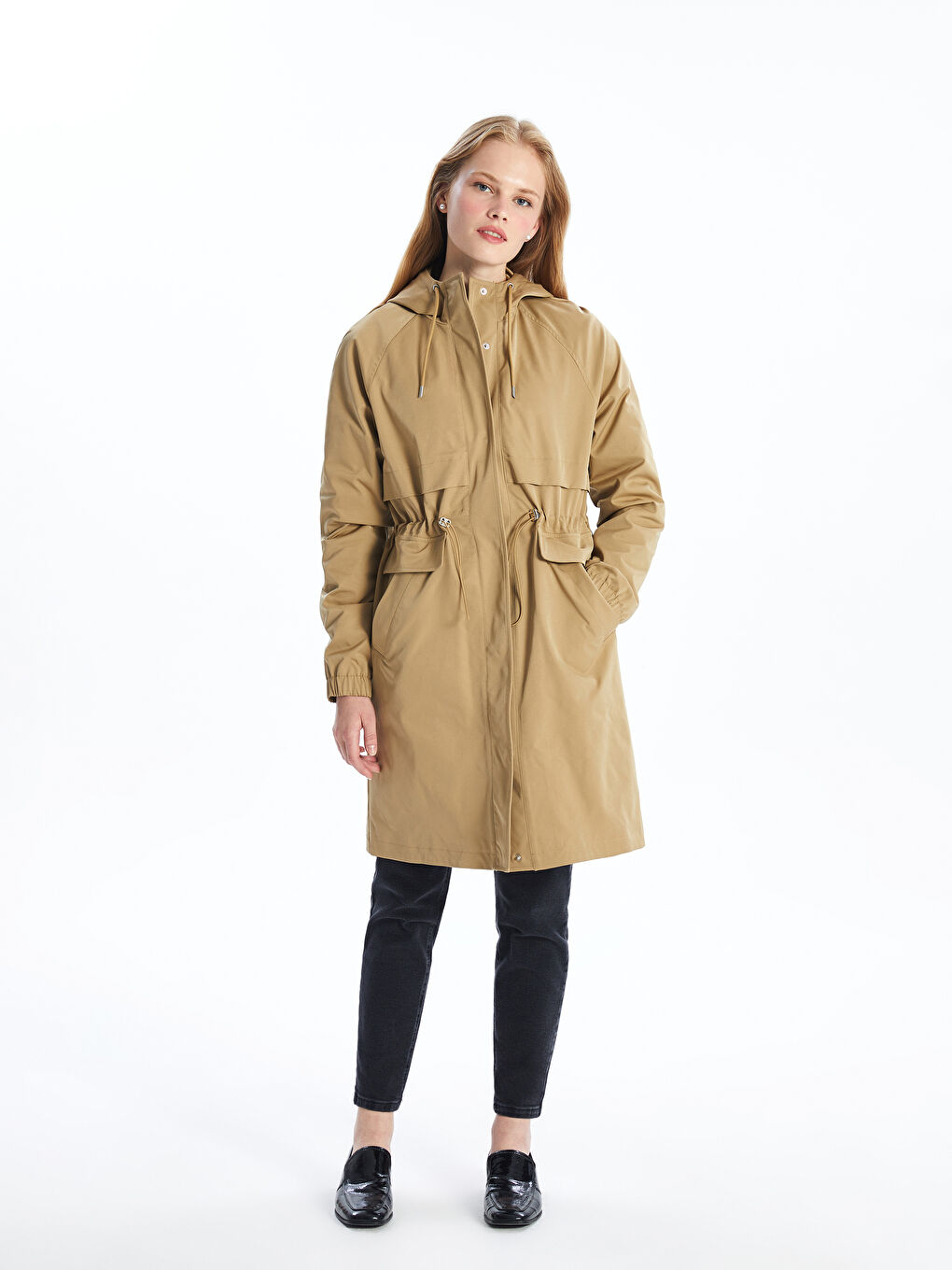Haki Kapüşonlu Kadın Trençkot-1