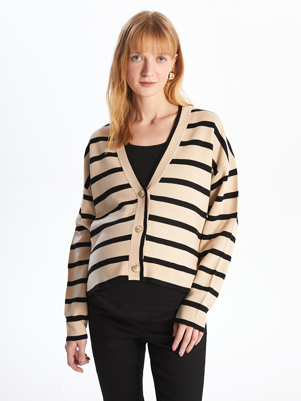 LCWAIKIKI Maternity Cardigan Umstandsmode Strickware mit V-Ausschnitt, Gestreift, Langarm und Oversize-Passform -W43959Z8-LEG