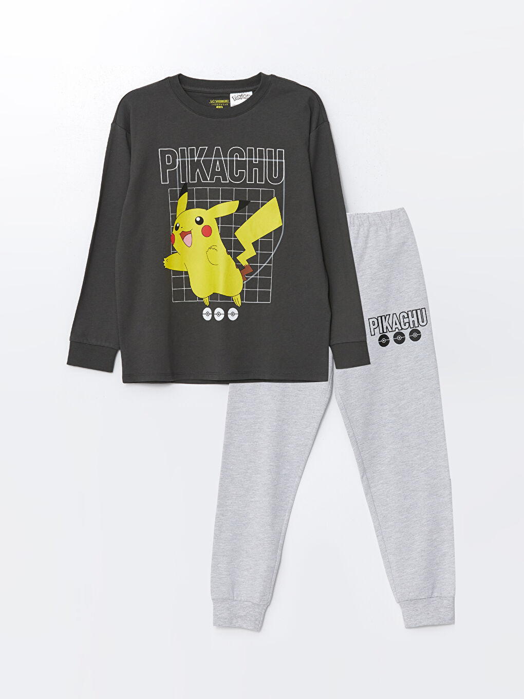 LCW Kids Koyu Gri Bisiklet Yaka Pikachu Baskılı Erkek Çocuk Pijama Takımı