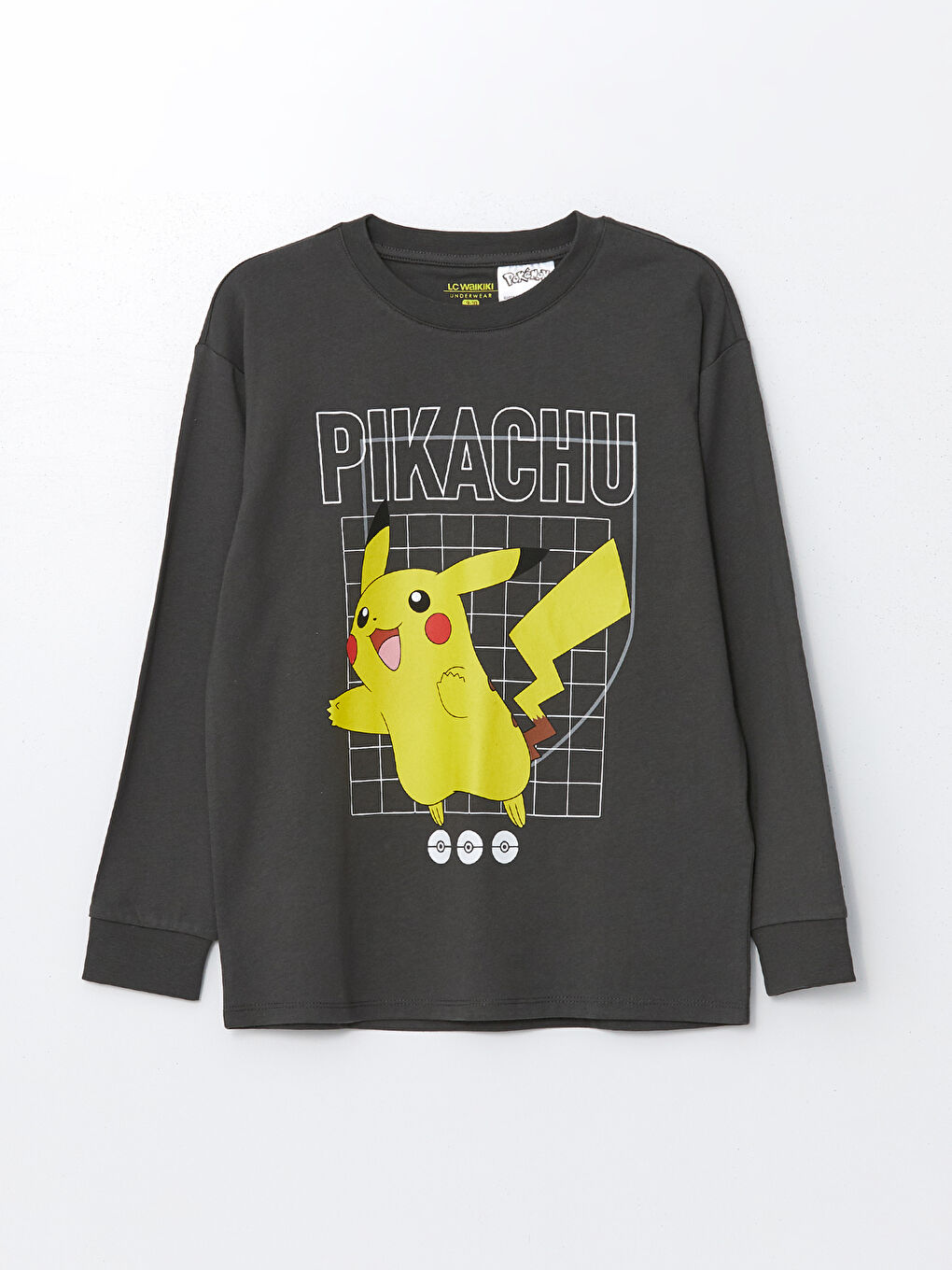 LCW Kids Koyu Gri Bisiklet Yaka Pikachu Baskılı Erkek Çocuk Pijama Takımı - 1