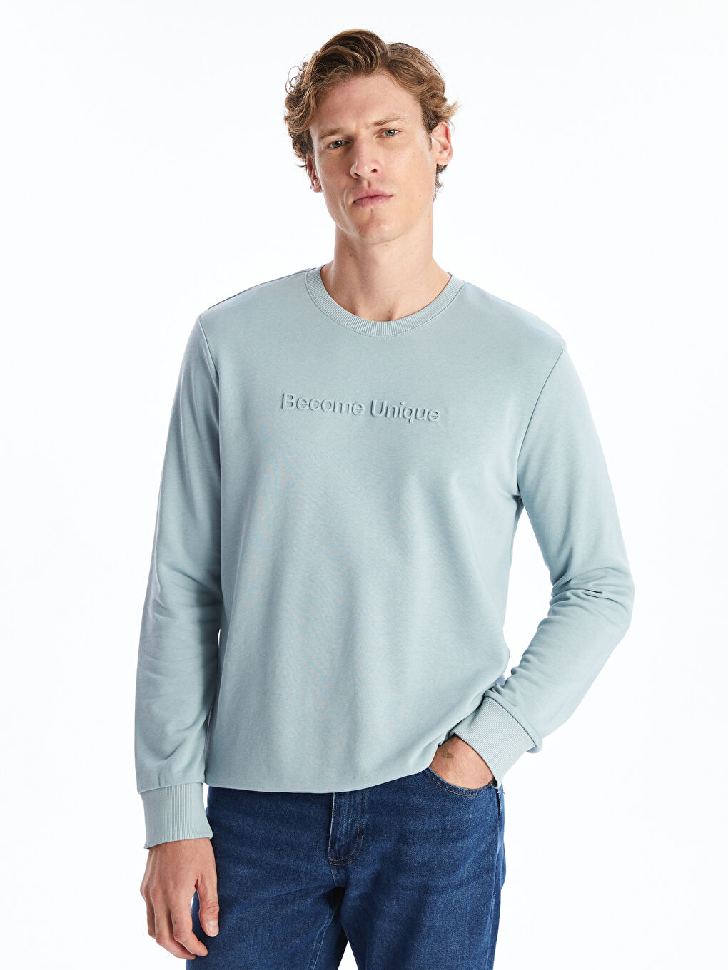 LCWAIKIKI Classic Mavi Bisiklet Yaka Uzun Kollu Baskılı Erkek Sweatshirt