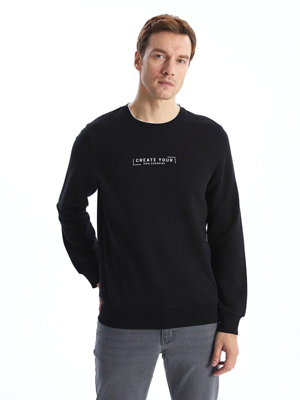 LCWAIKIKI Classic Siyah Bisiklet Yaka Uzun Kollu Baskılı Erkek Kalın Sweatshirt