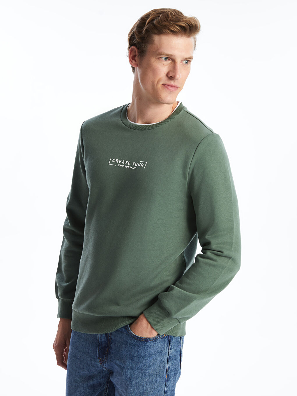 LCWAIKIKI Classic Yeşil Bisiklet Yaka Uzun Kollu Baskılı Erkek Sweatshirt