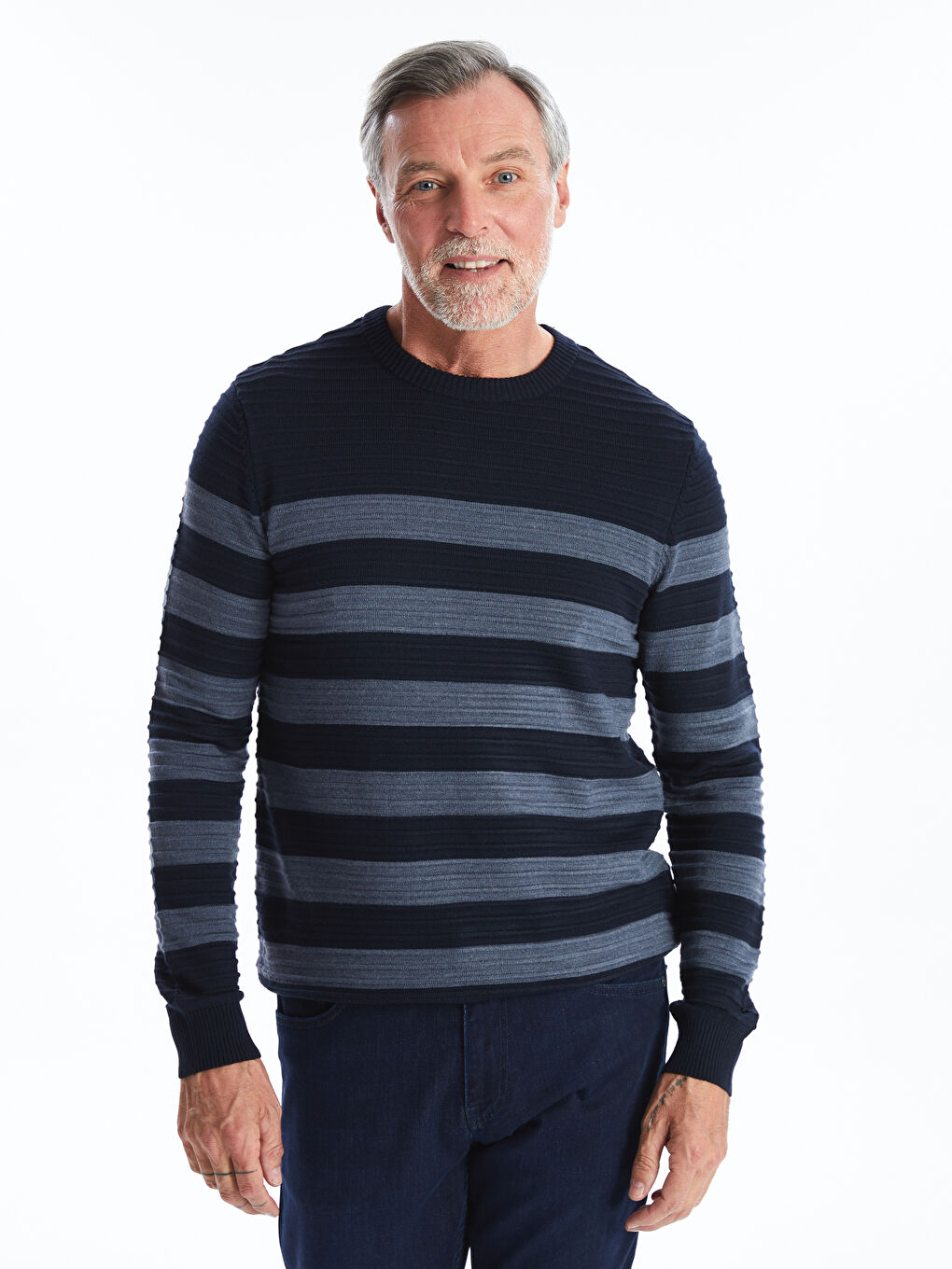 Pull-over en Tricot à Rayures pour Hommes à Col Rond et Manches Longues