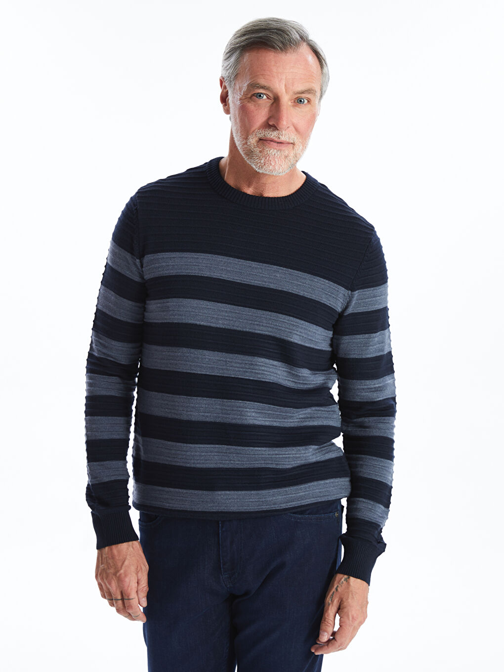 Pull-over en Tricot à Rayures pour Hommes à Col Rond et Manches Longues-1