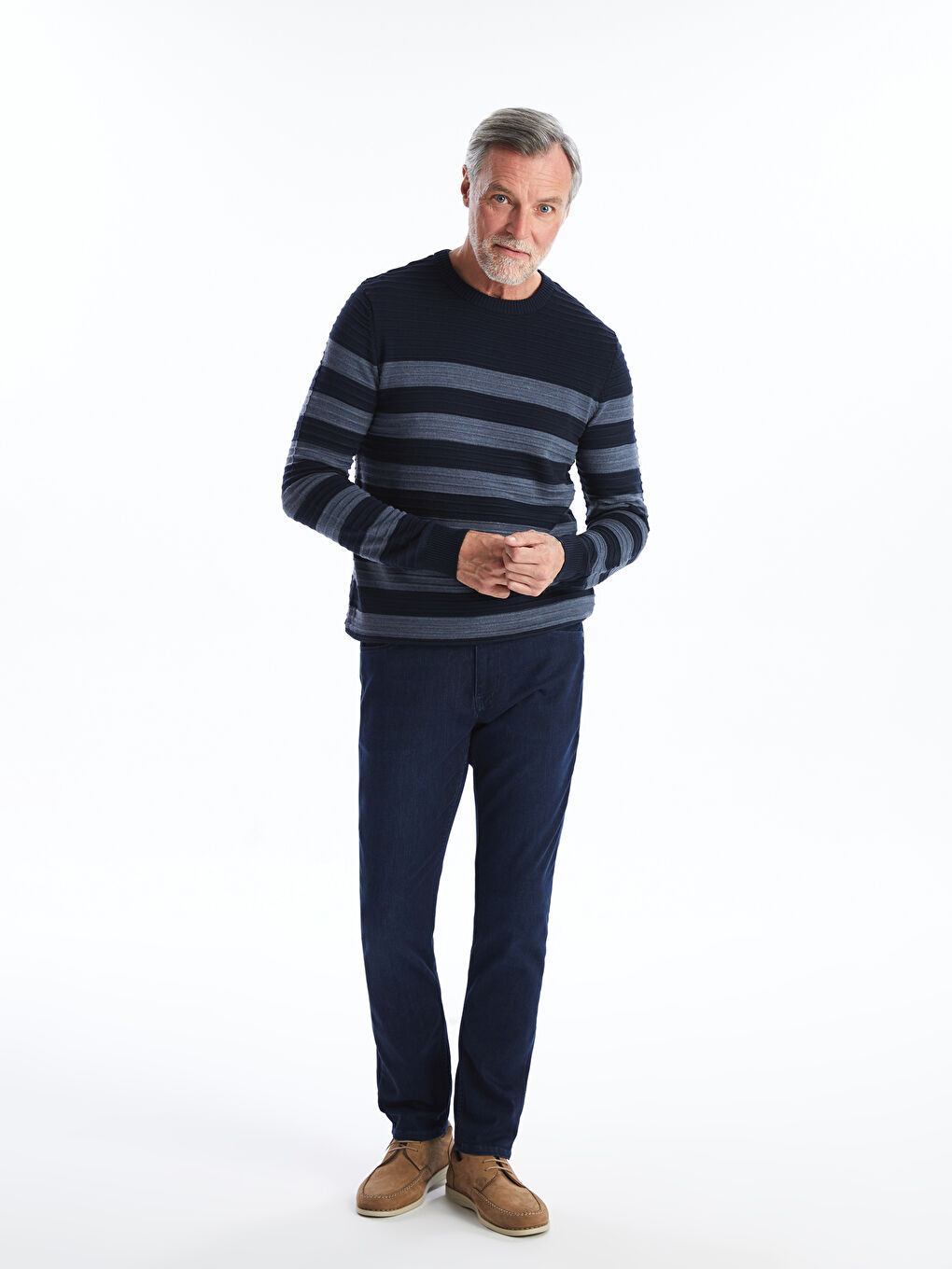 Pull-over en Tricot à Rayures pour Hommes à Col Rond et Manches Longues-2