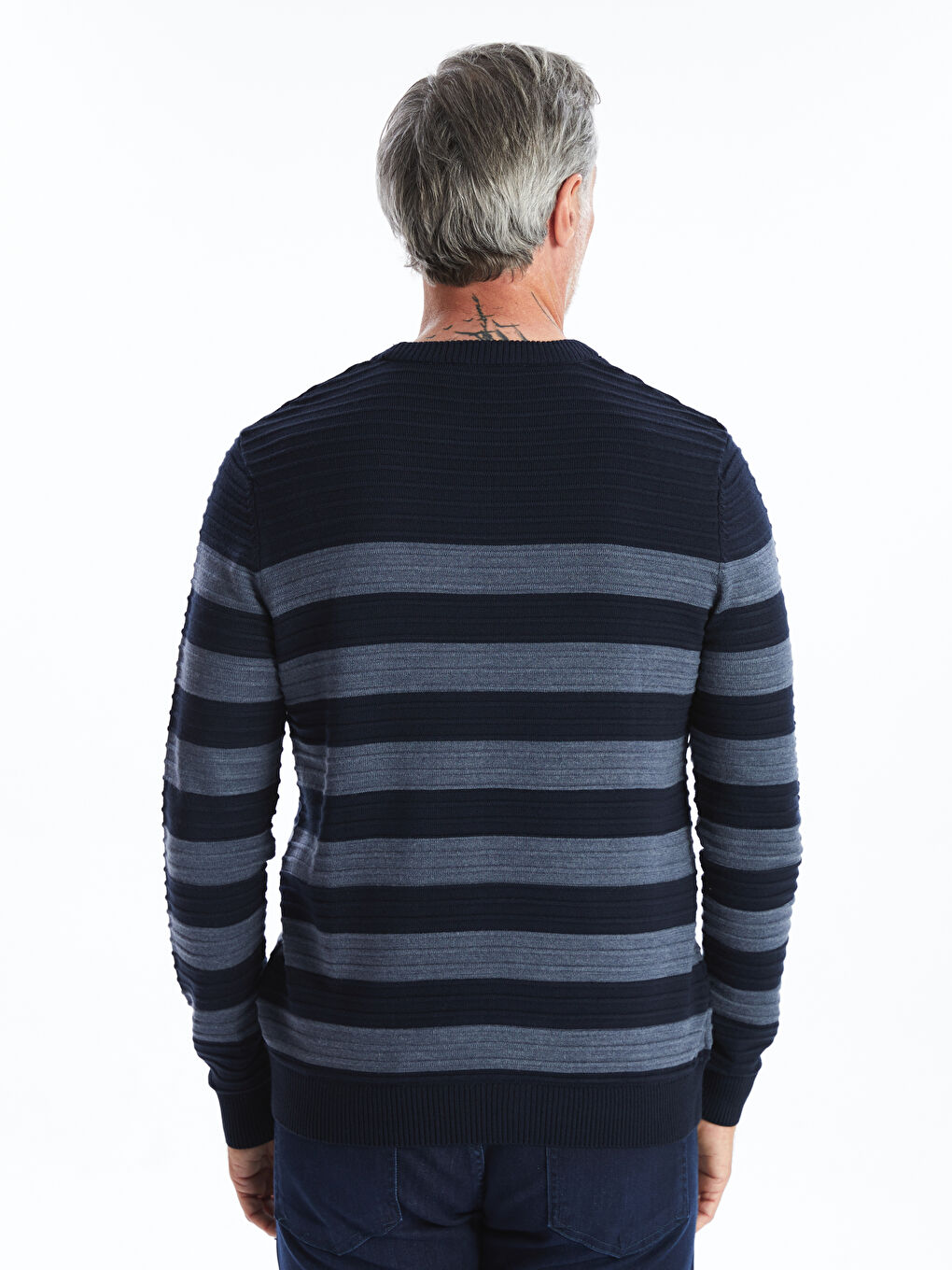 Pull-over en Tricot à Rayures pour Hommes à Col Rond et Manches Longues-4