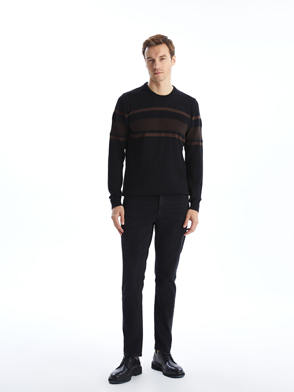 Pull-over en Tricot à Rayures pour Hommes à Col Rond et Manches Longues-1