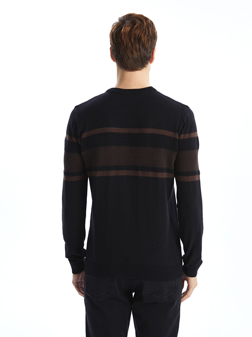 Pull-over en Tricot à Rayures pour Hommes à Col Rond et Manches Longues-3
