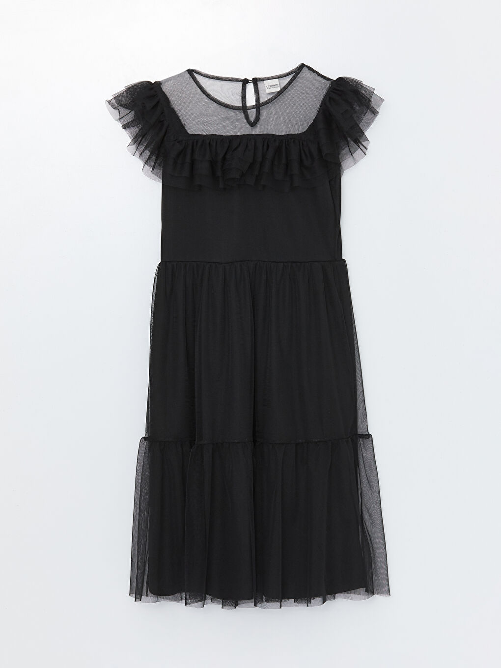 Crew Neck Ruffle Detailed Girls' Tulle Dress