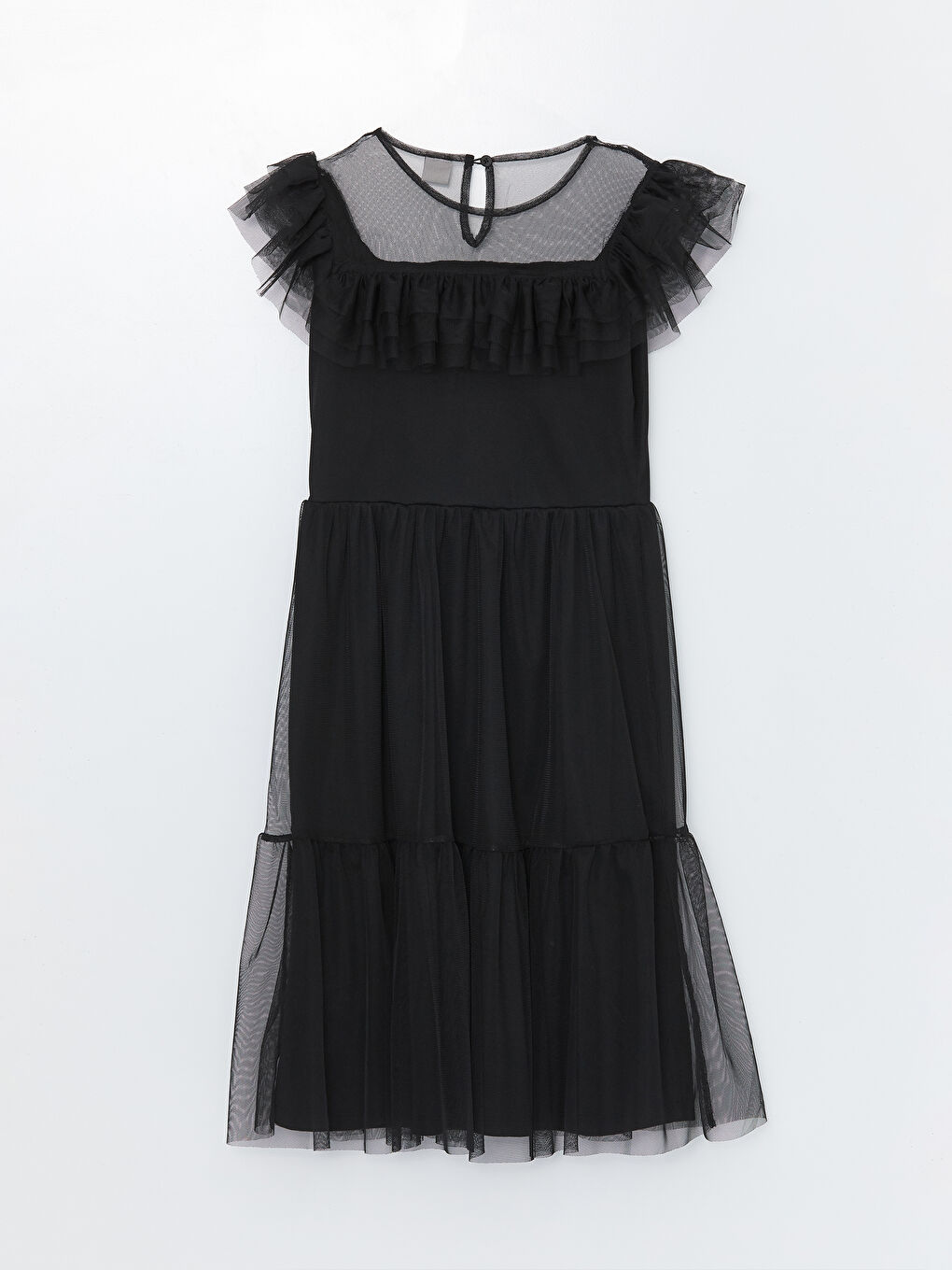 Crew Neck Ruffle Detailed Girls' Tulle Dress-1