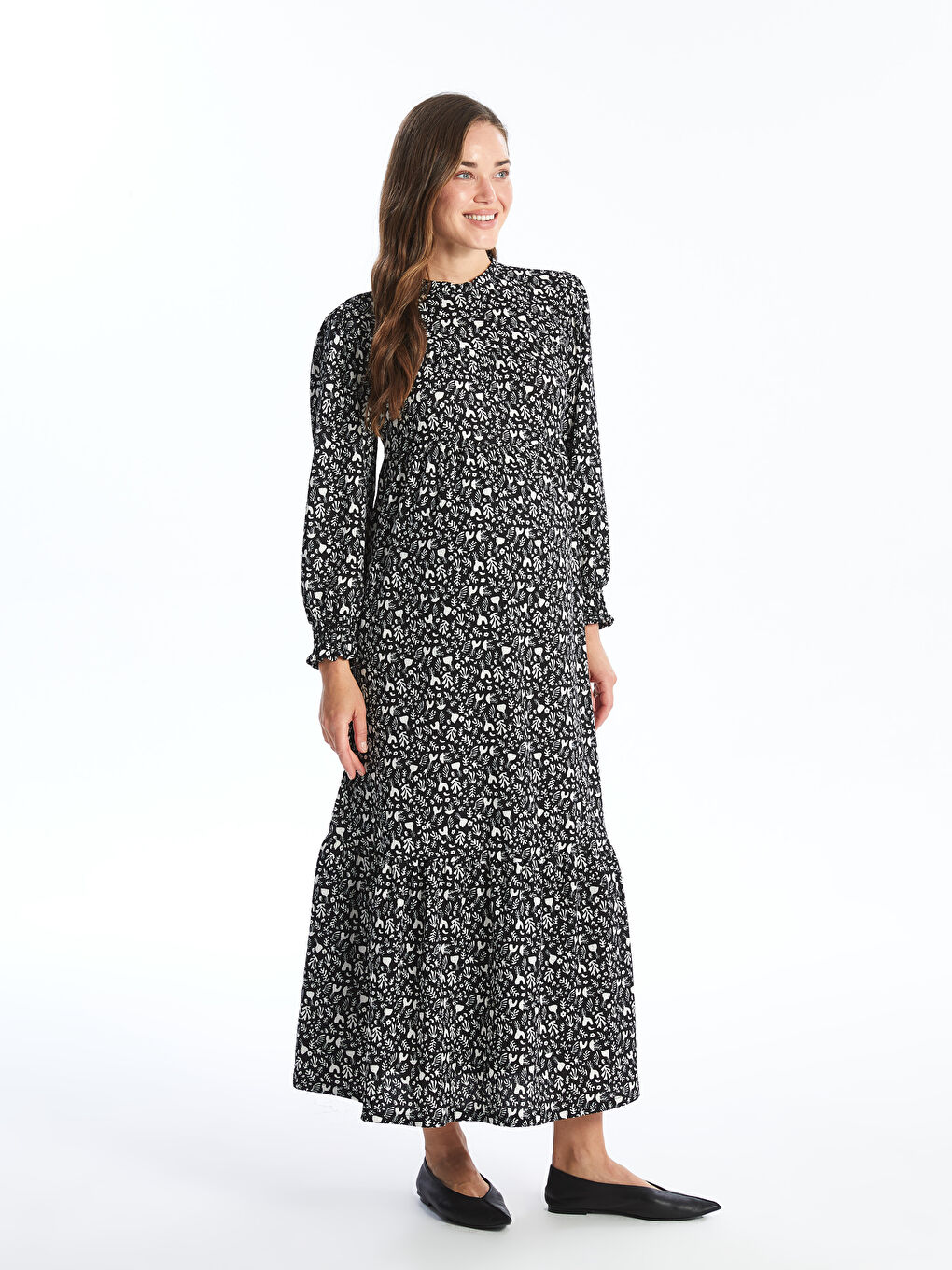 Ruffled Funnel Neck Patterned Long Sleeve Maternity Dress
