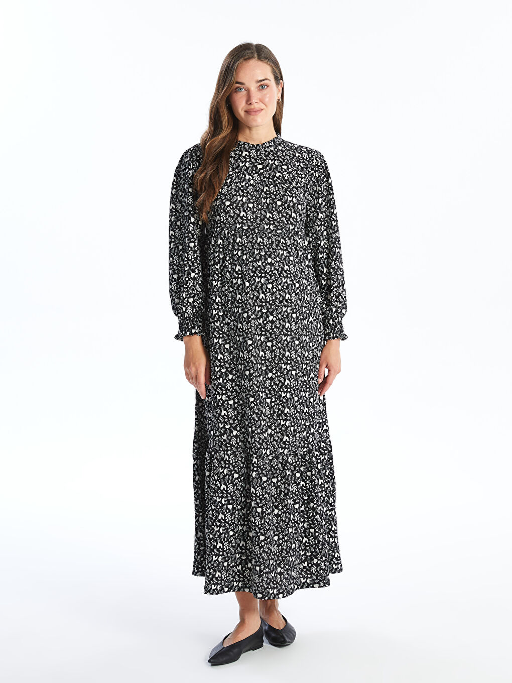Ruffled Funnel Neck Patterned Long Sleeve Maternity Dress-1
