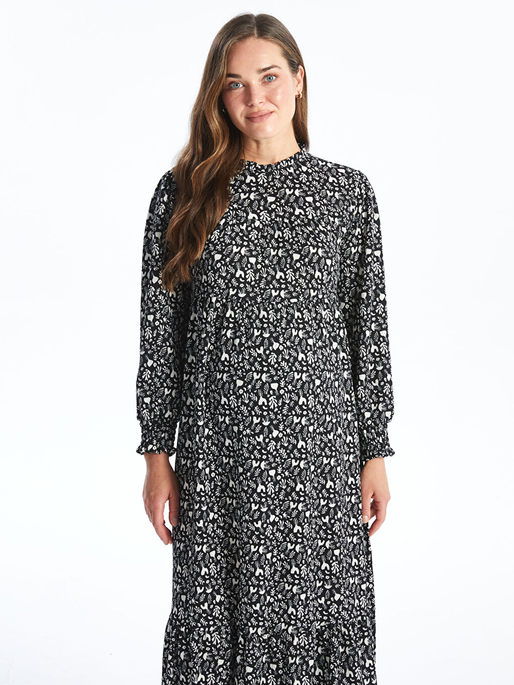 Ruffled Funnel Neck Patterned Long Sleeve Maternity Dress-2