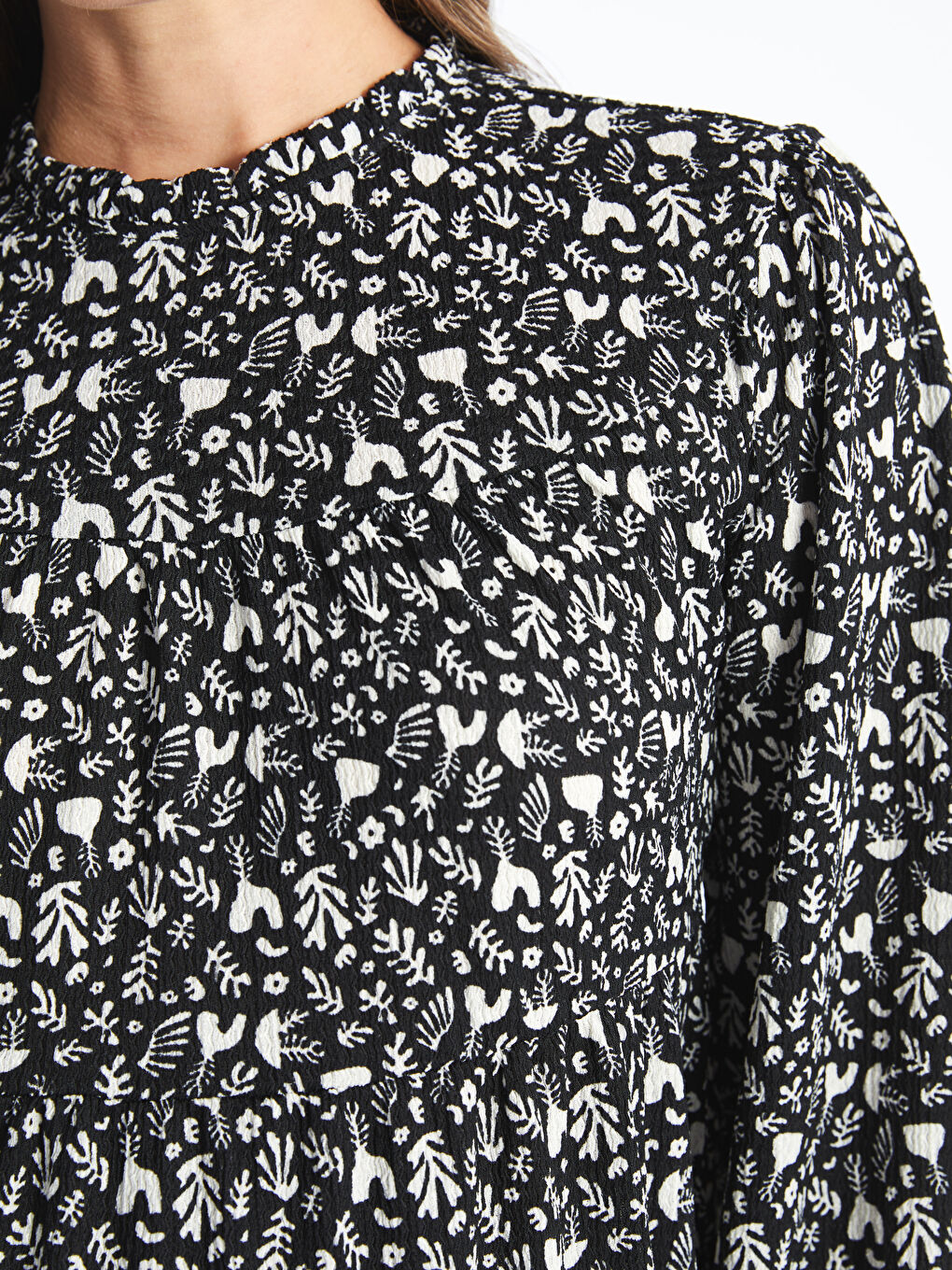 Ruffled Funnel Neck Patterned Long Sleeve Maternity Dress-3