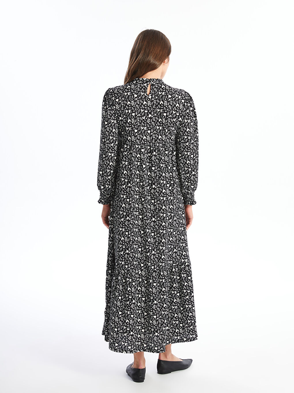 Ruffled Funnel Neck Patterned Long Sleeve Maternity Dress-4