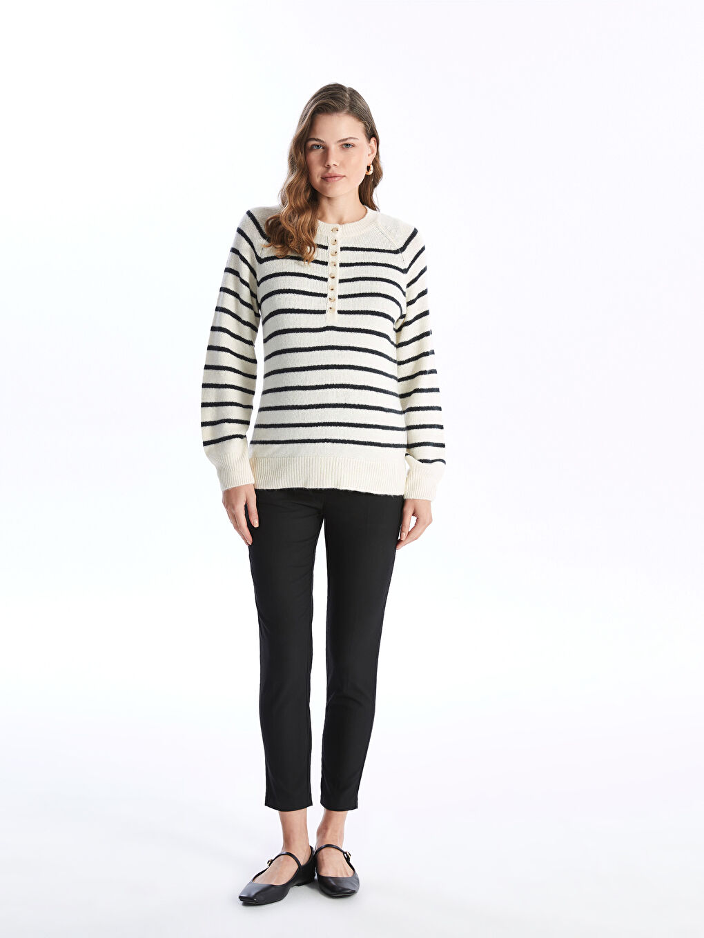 LCWAIKIKI Maternity Crew Neck Striped Maternity Knitwear Sweater -W44380Z8-LEG