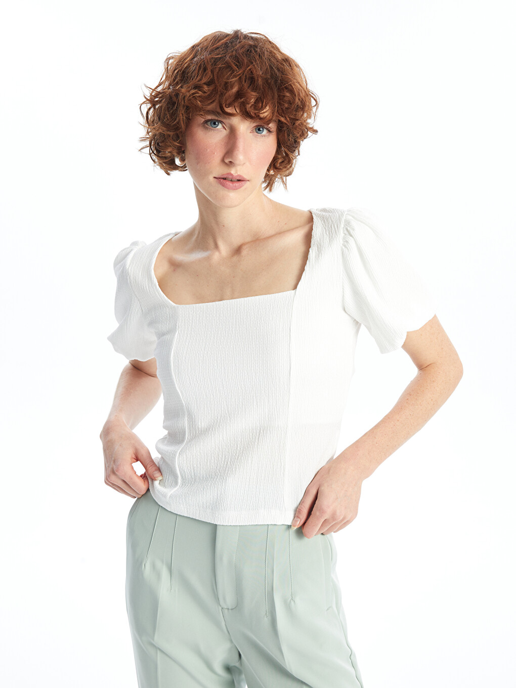 Square Collar Plain Short Sleeve Crop Women's Blouse