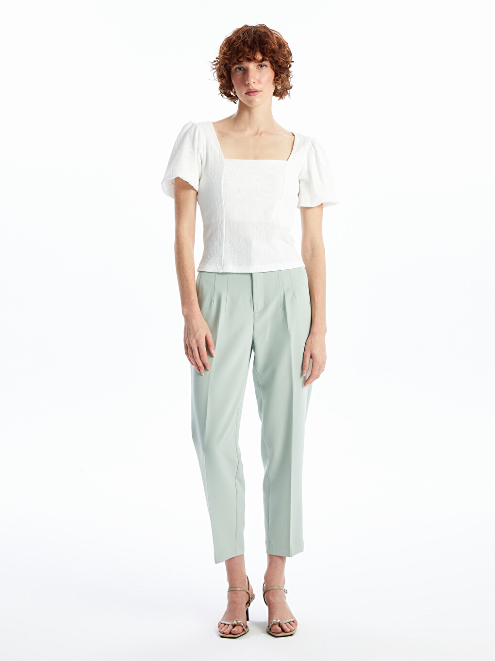 Square Collar Plain Short Sleeve Crop Women's Blouse-1