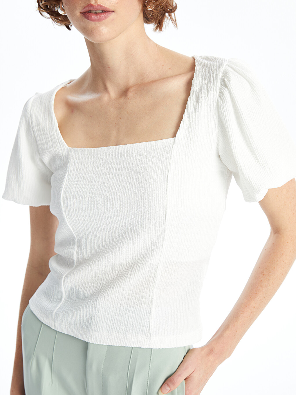 Square Collar Plain Short Sleeve Crop Women's Blouse-2