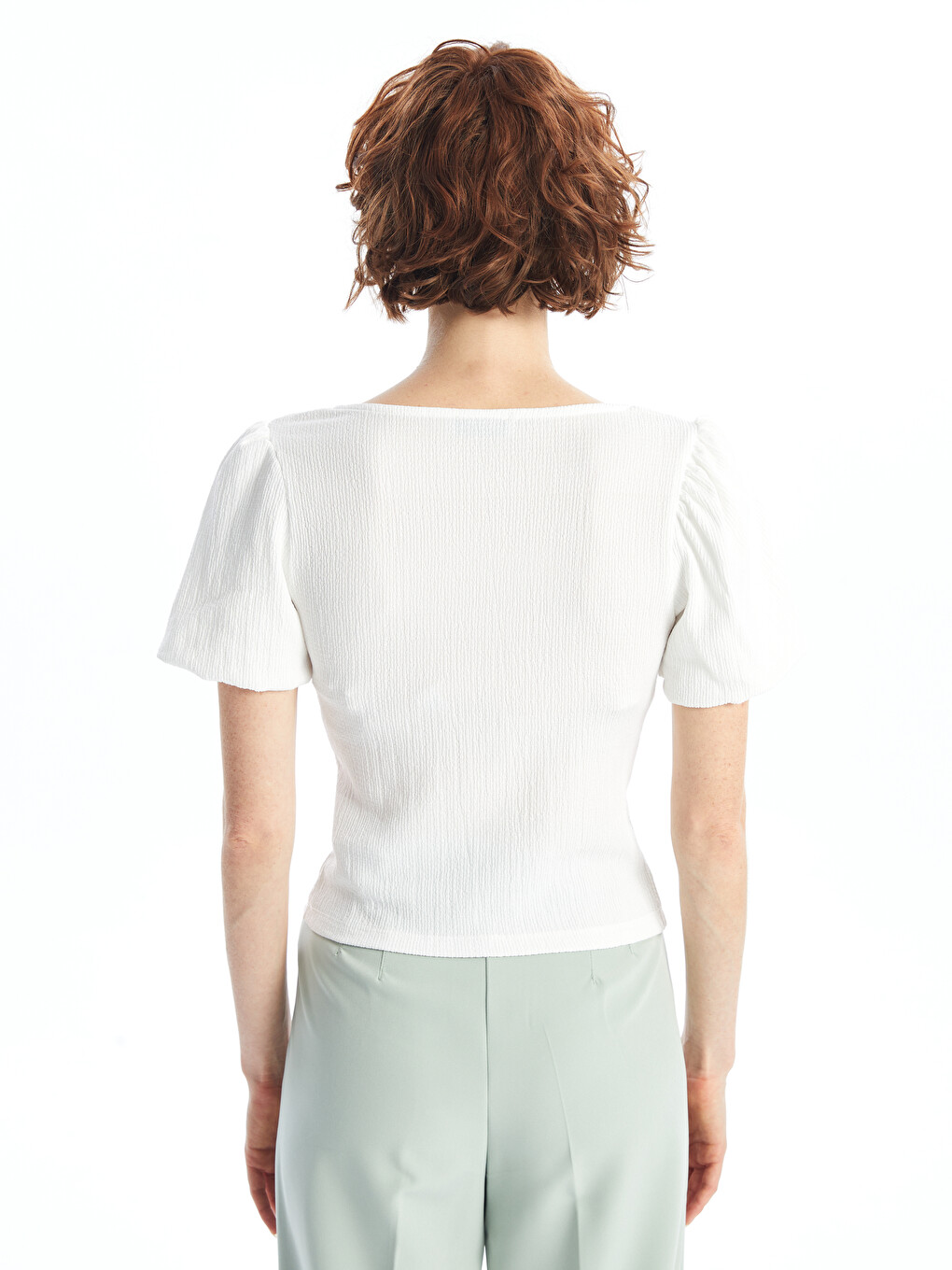 Square Collar Plain Short Sleeve Crop Women's Blouse-3