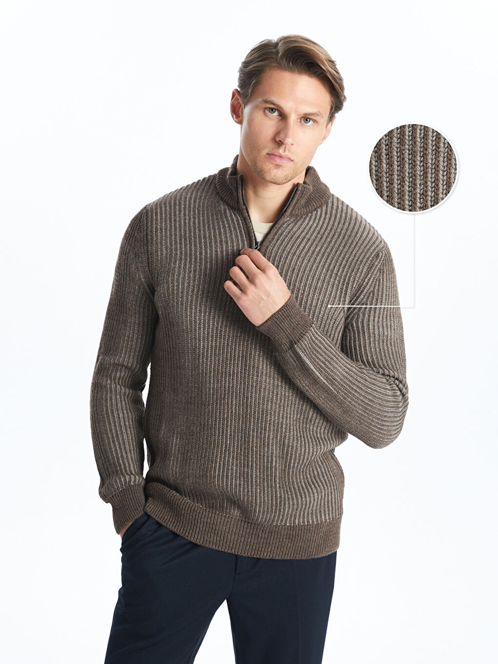 Funnel Neck Long Sleeve Men's Knitwear Sweater